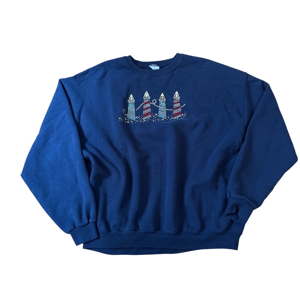 Jerzees Sweatshirt Women Navy Blue Lighthouse Rhinestone Coastal Vintage SIZE XL